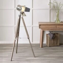 Hereford Nickel & Grey Wood Film Tripod Floor Lamp