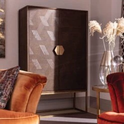 Olivia James Hemingway Mahogany Oak & Gold 2 Door Bar Cabinet