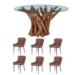 Java Teak 160cm Round Dining Table With 6 Toby Brown Faux Leather Dining Chairs