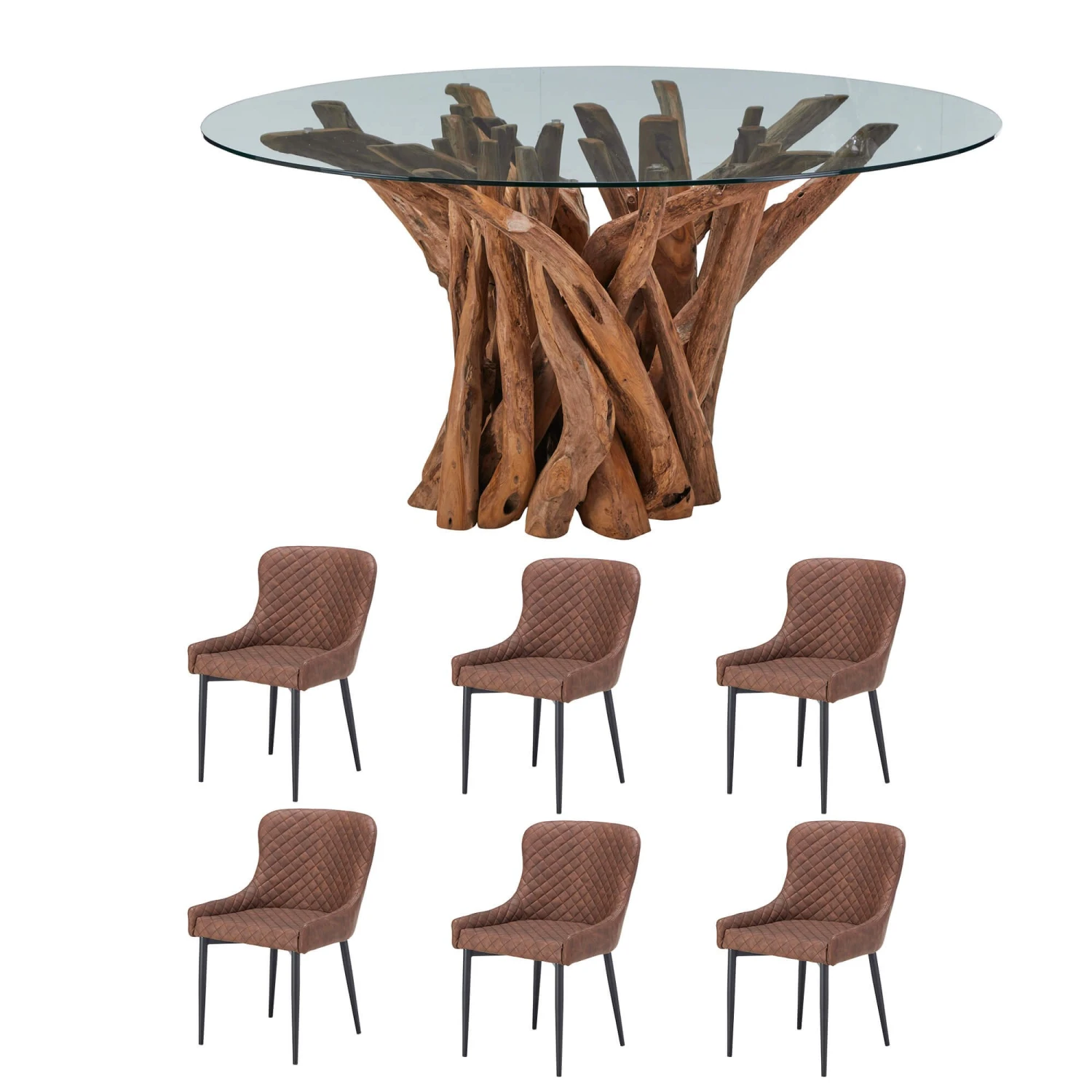 Java Teak 160cm Round Dining Table With 6 Toby Brown Faux Leather Dining Chairs 1 Java Teak 160cm Round Dining Table With 6 Toby Brown Faux Leather Dining Chairs