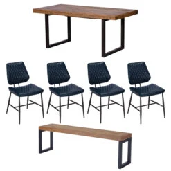 Malmo Reclaimed Timber 180cm Extending Dining Table, Bench & 4 Kiara Blue Faux Leather Chairs