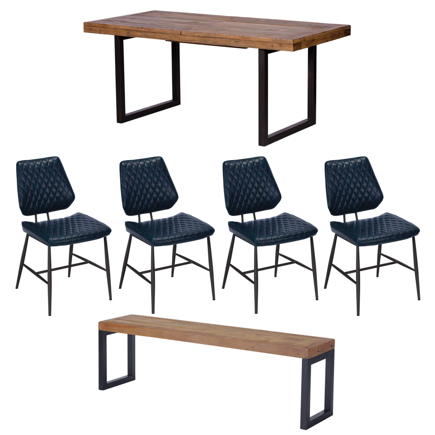 Malmo Reclaimed Timber 180cm Extending Dining Table, Bench & 4 Kiara Blue Faux Leather Chairs 1 Malmo Reclaimed Timber 180cm Extending Dining Table, Bench & 4 Kiara Blue Faux Leather Chairs