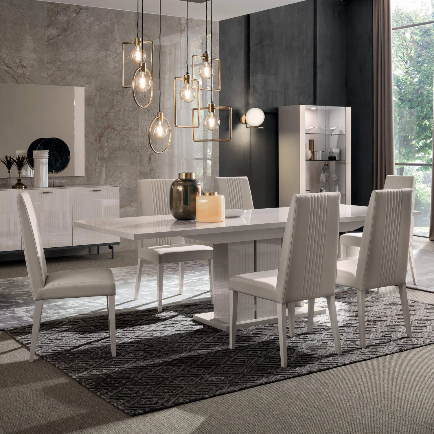 Caren High Gloss Pearl Line 160cm Extending Dining Table & 6 High-Back Faux Leather Chairs 1 Caren High Gloss Pearl Line 160cm Extending Dining Table & 6 High-Back Faux Leather Chairs
