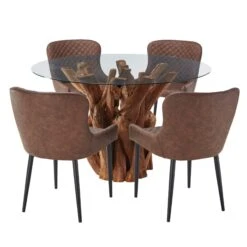 Java Reclaimed Teak 130cm Round Dining Table & 4 Toby Brown Faux Leather Chairs -Housing Units Furniture Store 1970c488a9569bf5b2d49eae60b7bdea