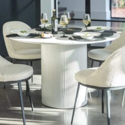 Irina White Marble Effect 119.5cm Round Dining Table And Futura Cloud White Boucle Fabric Dining Chair -Housing Units Furniture Store 1f344b9a73b931fbcfe0860e4ef40f1a