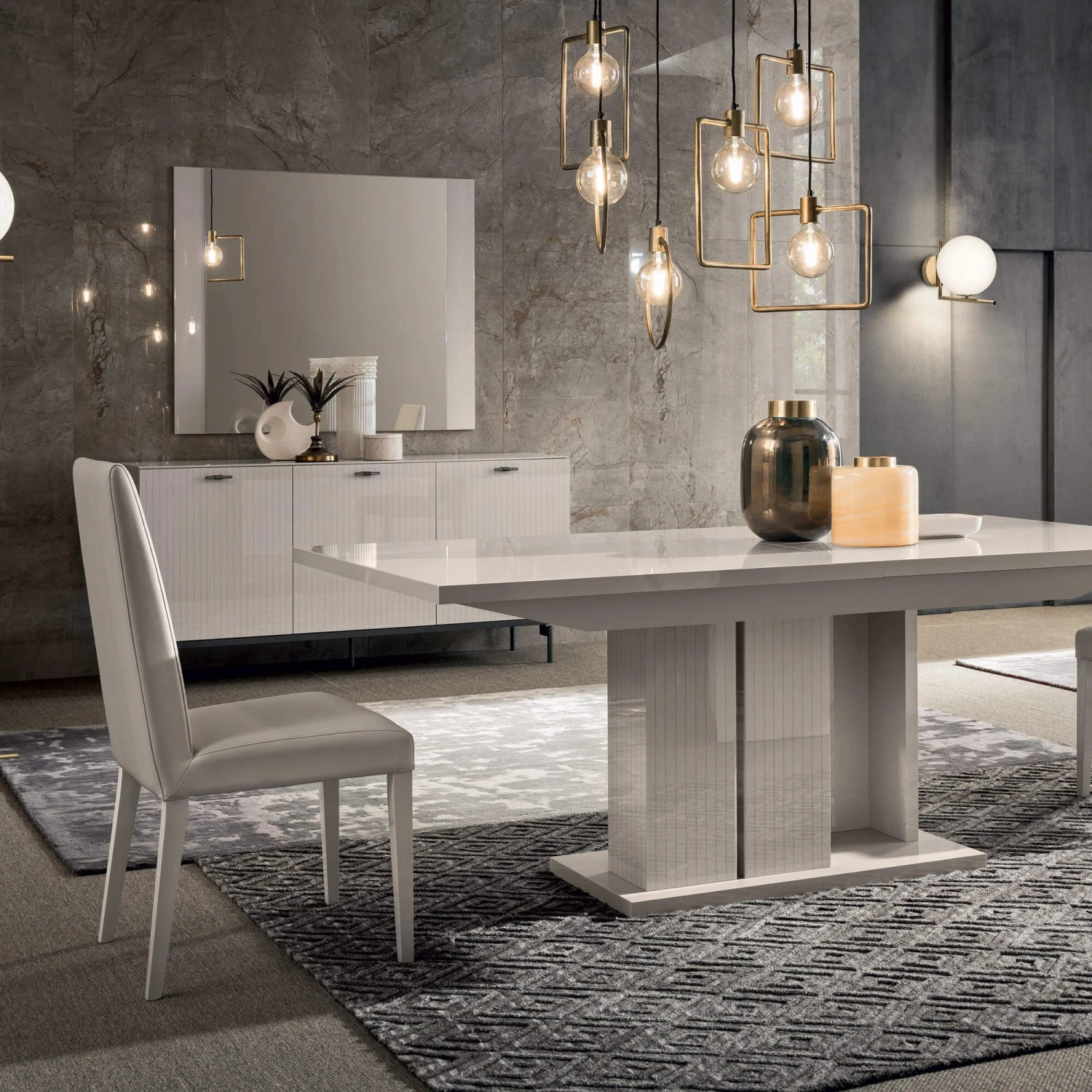 Caren High Gloss Pearl Line 160cm Extending Dining Table & 6 High-Back Faux Leather Chairs 3 Caren High Gloss Pearl Line 160cm Extending Dining Table & 6 High-Back Faux Leather Chairs - Image 3