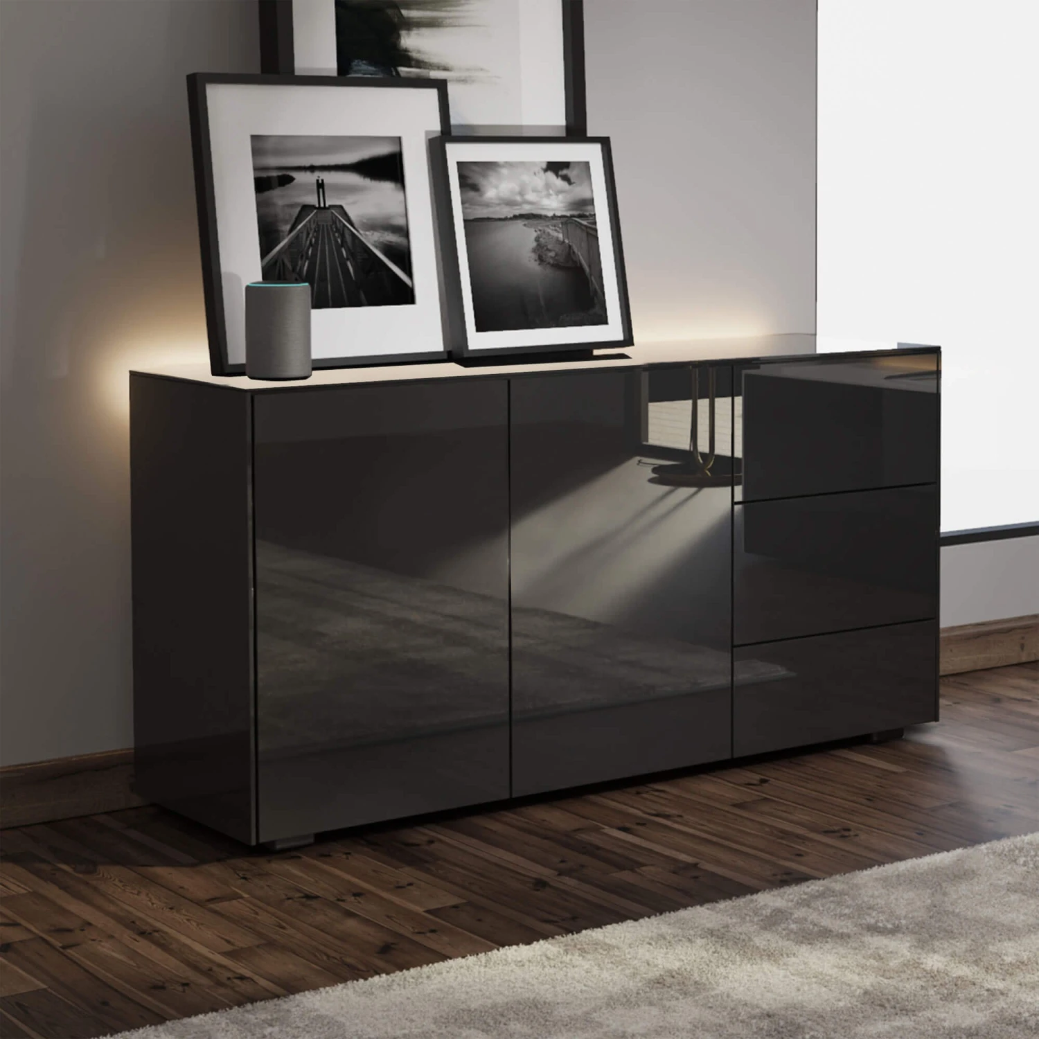 Intelligent Black Gloss 2 Door 3 Drawer Sideboard 1 Intelligent Black Gloss 2 Door 3 Drawer Sideboard