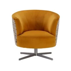 Orla Kiely Lily Ochre Velvet Swivel Accent Chair With Contrast Floral Pattern Back