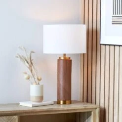 PACIFIC Carrara Tall Wood Effect Ceramic Table Lamp With White Shade