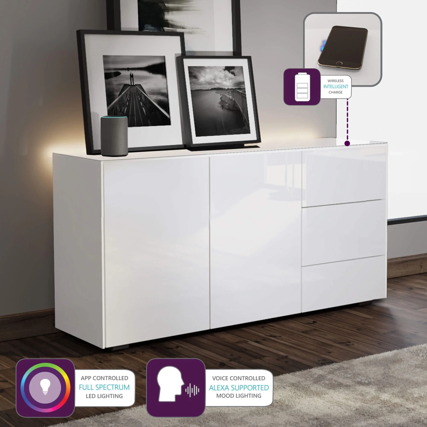 Frank Olsen Intelligent White Gloss 2 Door 3 Drawer Sideboard 3 Frank Olsen Intelligent White Gloss 2 Door 3 Drawer Sideboard - Image 3