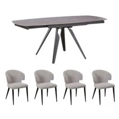 Allegri Extending Dining Table With 4 Perla Grey Boucle Dining Chairs