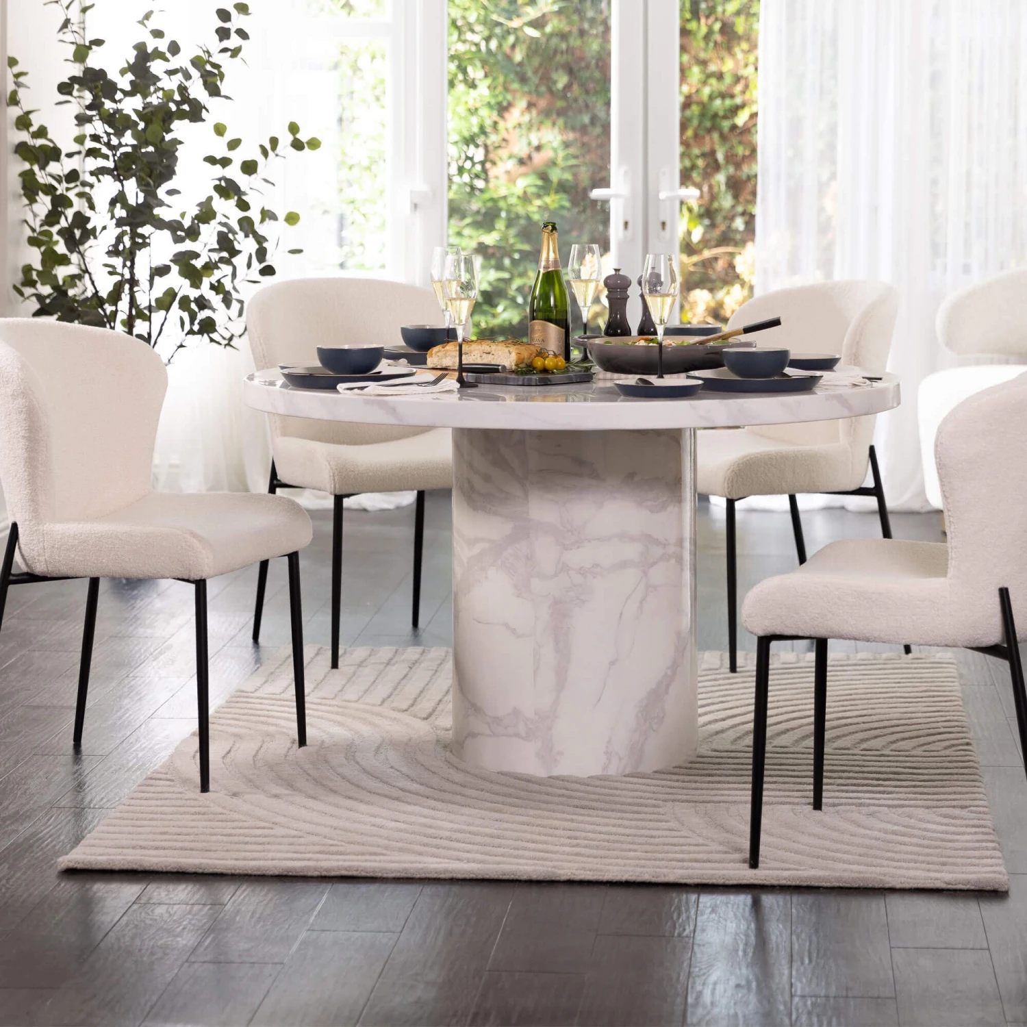 Savona Bone 130cm Round Marble Effect Dining Table & 4 Gabriel White Boucle Fabric Dining Chair 1 Savona Bone 130cm Round Marble Effect Dining Table & 4 Gabriel White Boucle Fabric Dining Chair