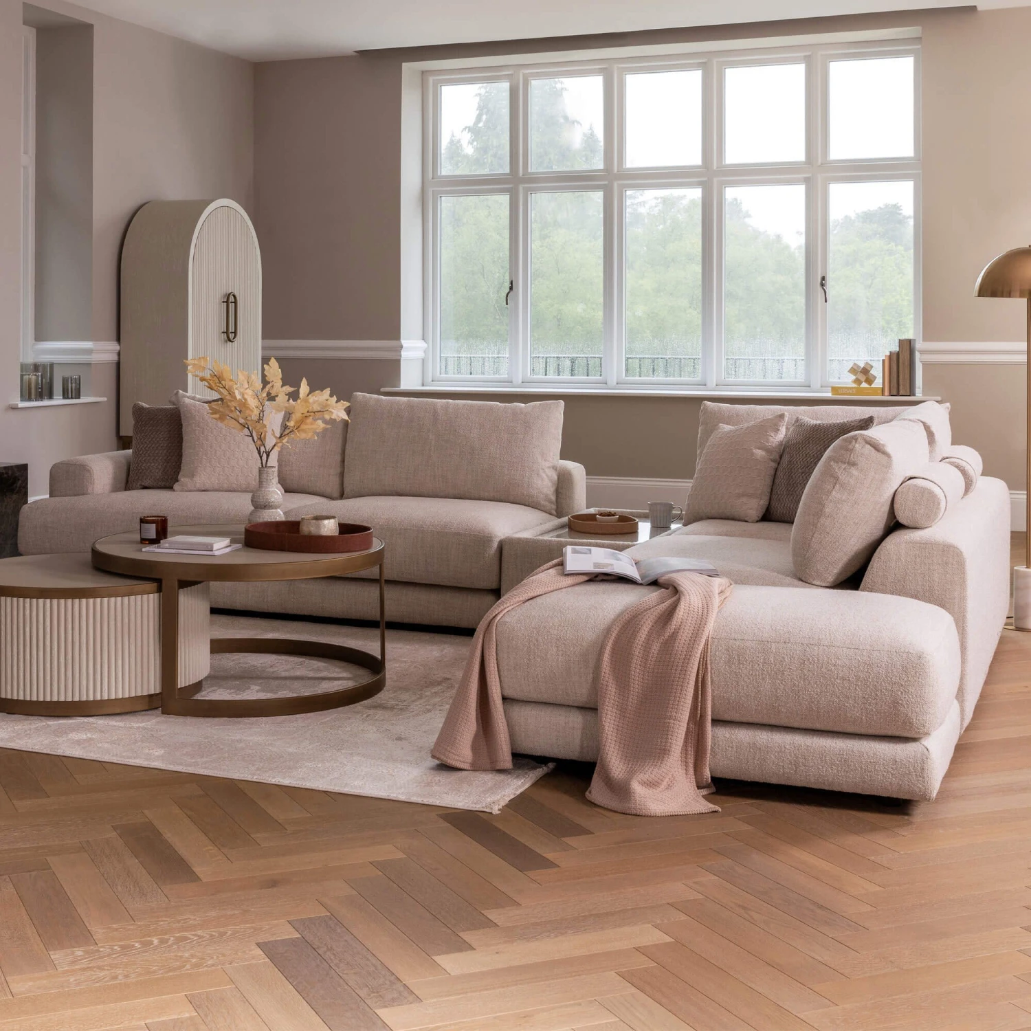 Naxos Large Tyne Natural Fabric Open End Left Arm Corner Group With Rectangular Table & Footstool 1 Naxos Large Tyne Natural Fabric Open End Left Arm Corner Group With Rectangular Table & Footstool