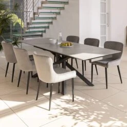 Rossini Extending Dining Table And 6 Toby Light Grey Velvet Dining Chairs