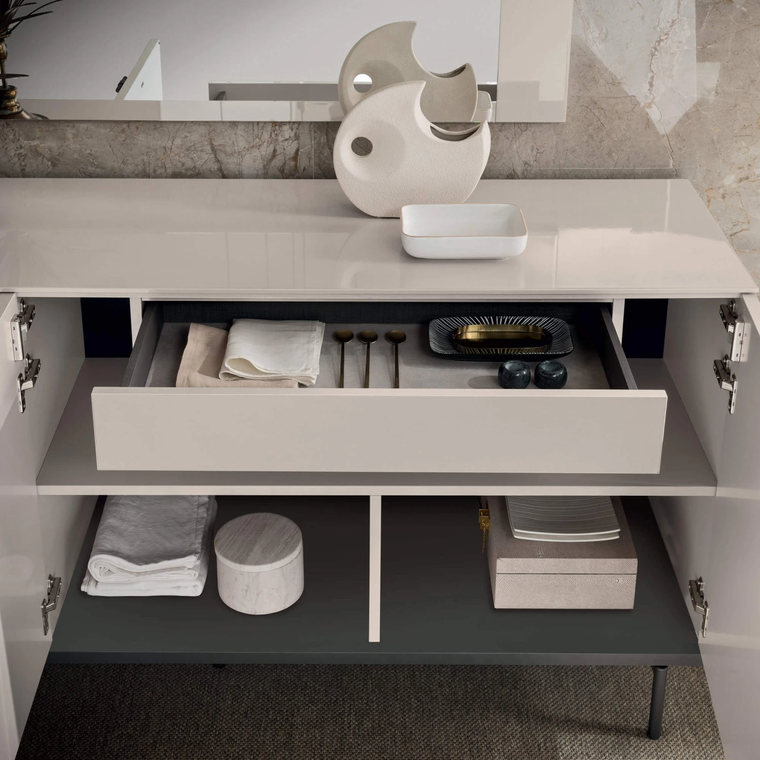 Caren High Gloss Pearl Line 214cm 3 Door Sideboard 4 Caren High Gloss Pearl Line 214cm 3 Door Sideboard - Image 4