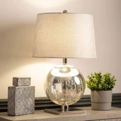 Silver Mercury Round Glass Table Lamp With Grey Shade