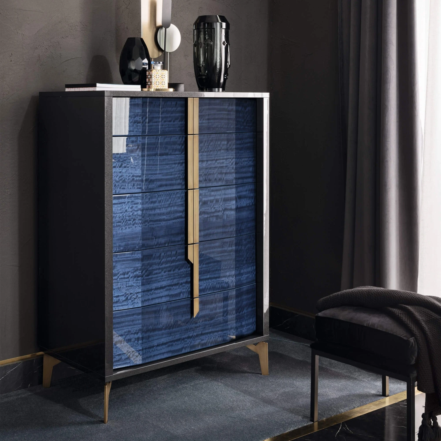 Celeste High Gloss Cobalt Blue 5 Drawer Chest