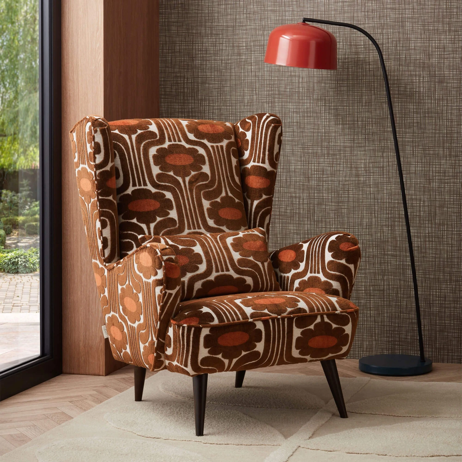 Orla Kiely Alma Climbing Daisy Conker Pattern Velvet Accent Armchair 1 Orla Kiely Alma Climbing Daisy Conker Pattern Velvet Accent Armchair