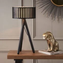 Slatted Black Wood Tripod Table Lamp