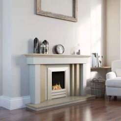 Elara Limestone And Travertine Fireplace With Lights