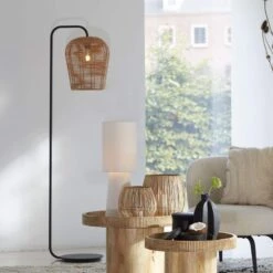 Mareno Matt Black Floor Lamp With Natural Shade