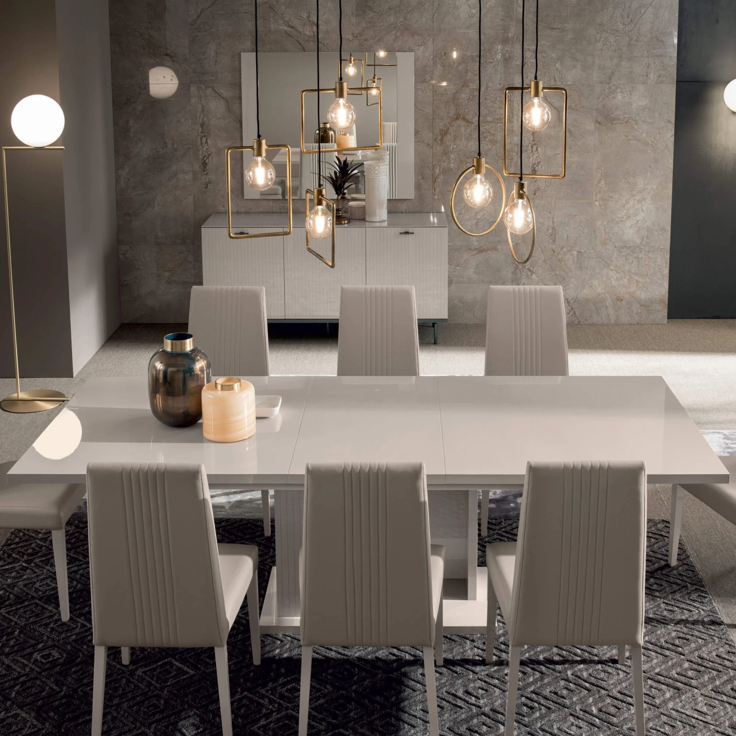 Caren High Gloss Pearl Line 160cm Extending Dining Table & 6 High-Back Faux Leather Chairs 2 Caren High Gloss Pearl Line 160cm Extending Dining Table & 6 High-Back Faux Leather Chairs - Image 2