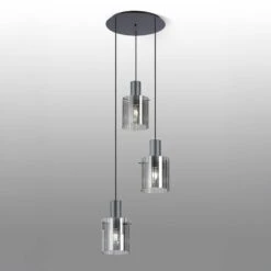 Lino Ribbed Dark Grey & Smoke Wide Line 3 Light Pendant