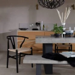 Ingrid Concrete-Effect 220cm Dining Table With Bench & 3 Larvik Black Wishbone Chairs -Housing Units Furniture Store 9916450f44327eb4e896ce96be6d1ef0