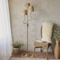 Wriggle Aged Brass 3 Light Floor Lamp With Raffia Shades -Housing Units Furniture Store 9b974ebecd5a82c7fe4f371d35b46764
