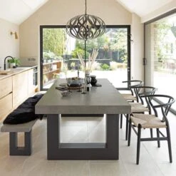 Ingrid Concrete-Effect 220cm Dining Table With Bench & 3 Larvik Black Wishbone Chairs