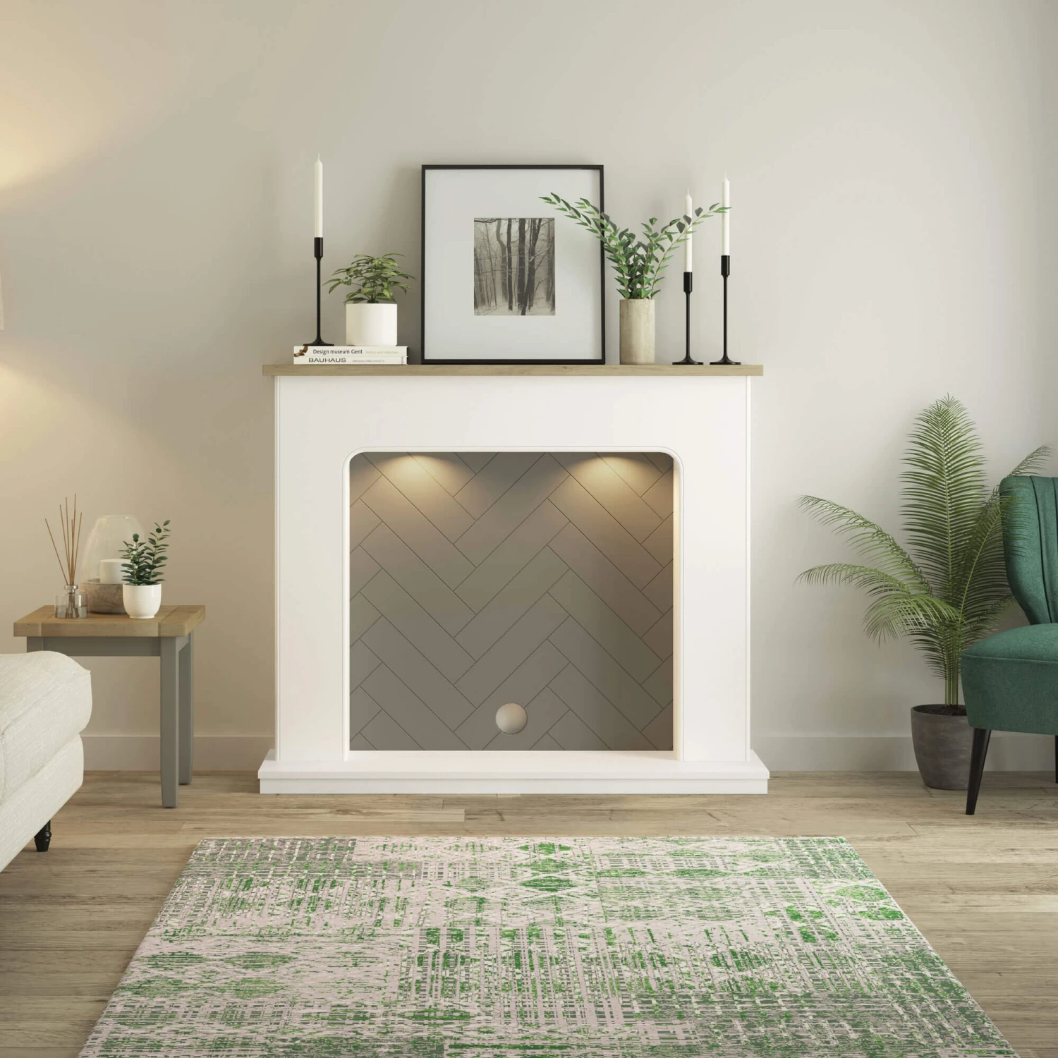 Ingrid Inglenook Wooden Fire Surround In White Herringbone 2 Ingrid Inglenook Wooden Fire Surround In White Herringbone - Image 2