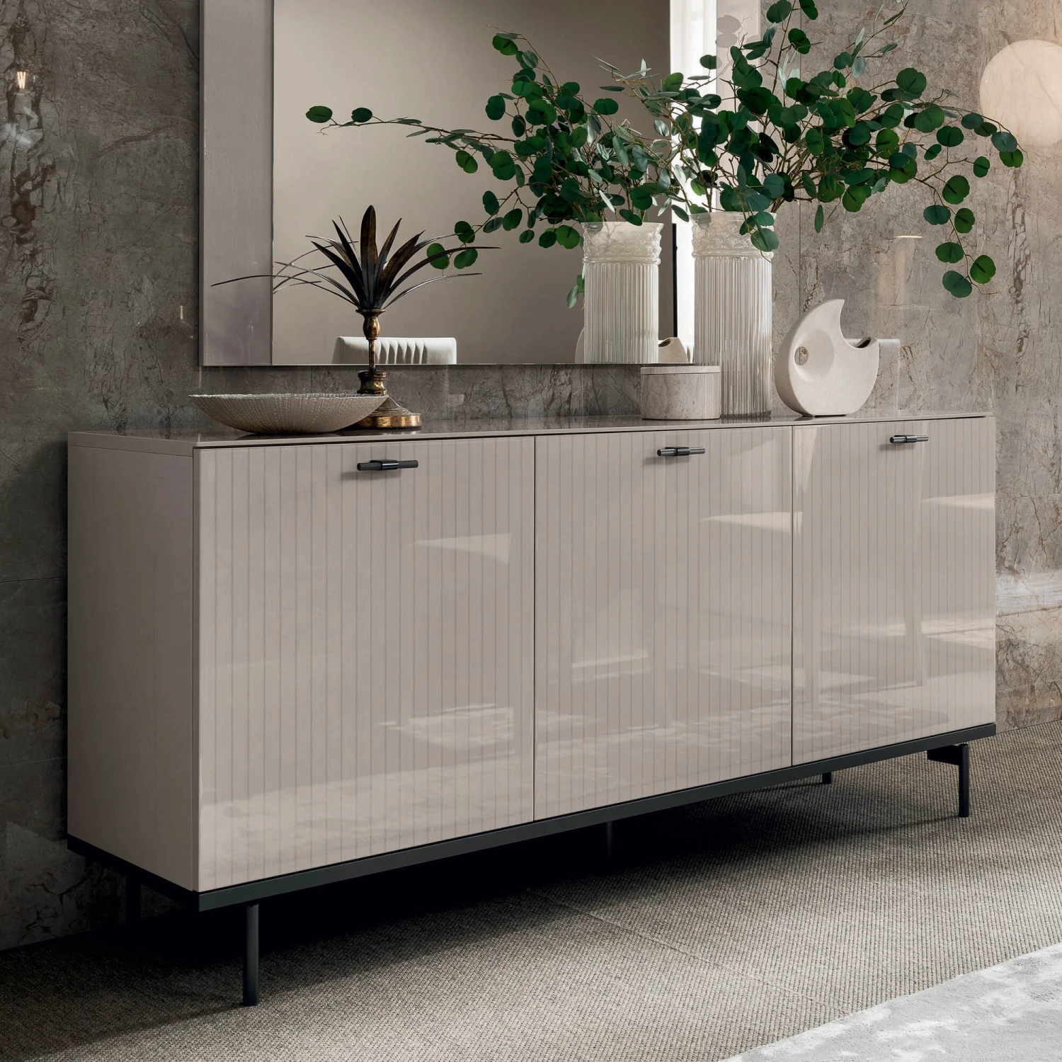 Caren High Gloss Pearl Line 214cm 3 Door Sideboard 1 Caren High Gloss Pearl Line 214cm 3 Door Sideboard