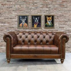 Balmoral Vintage Tabac Leather 2 Seater Sofa With Castors