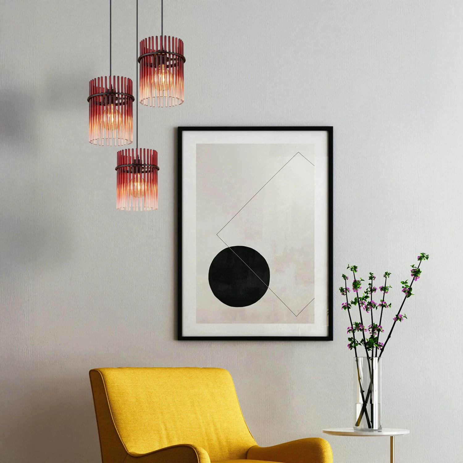 Icelle Matt Black & Burgundy Fade Glass Rods 3 Light Pendant 1 Icelle Matt Black & Burgundy Fade Glass Rods 3 Light Pendant