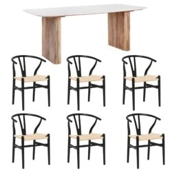 Rochelle 200cm Mango Wood & Marble Dining Table & 6 Larvik Black Chairs