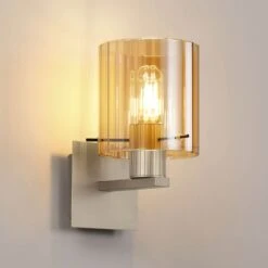 Lino Ribbed Light Gold & Amber Wide Line Glass Wall Light