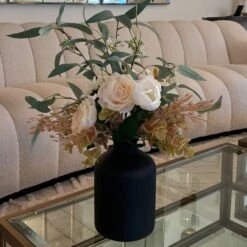 Artificial Tulip Roses And Eucalyptus Floral Bouquet With Black Bottle Vase