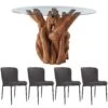 Java Teak 130cm Round Dining Table And 4 Manhattan Grey Dining Chairs