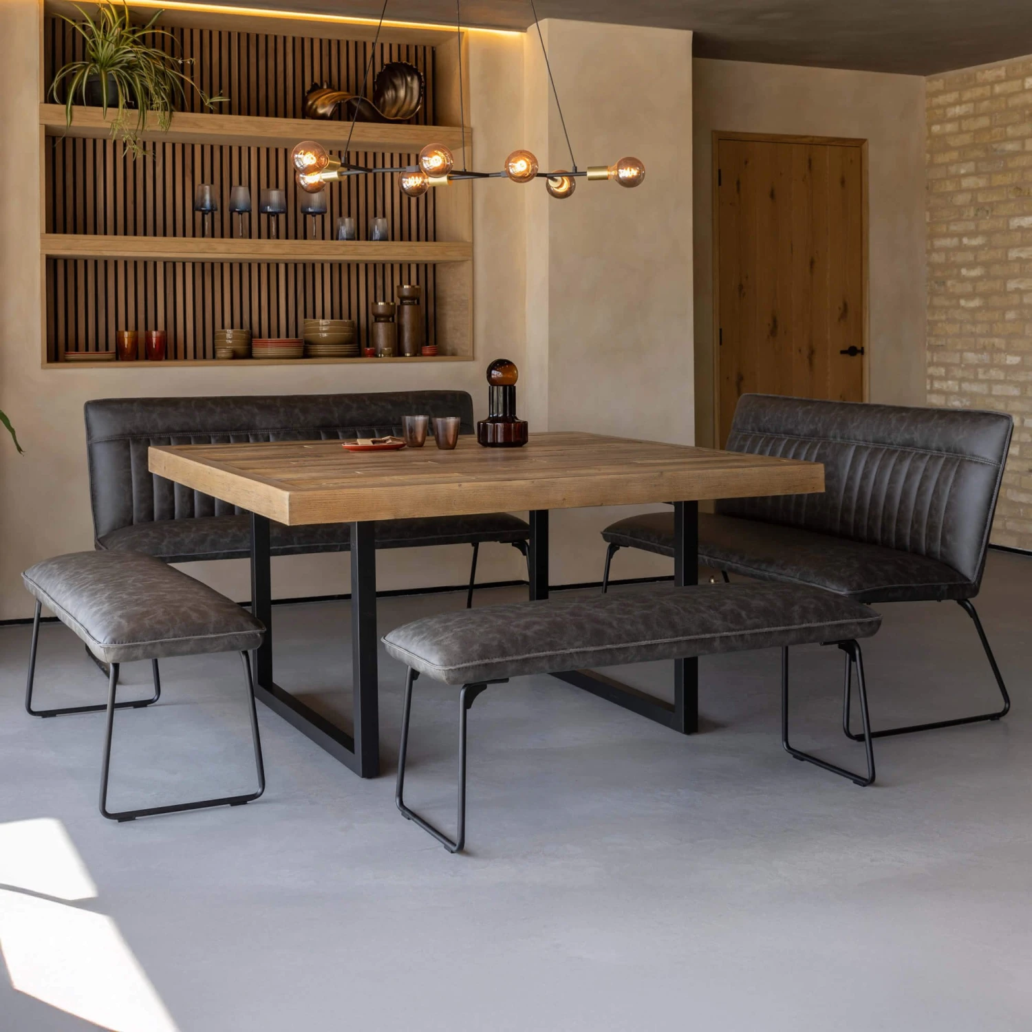 Malmo Square Dining Table With 4 Clarence Grey Faux Leather Dining Benches 1 Malmo Square Dining Table With 4 Clarence Grey Faux Leather Dining Benches